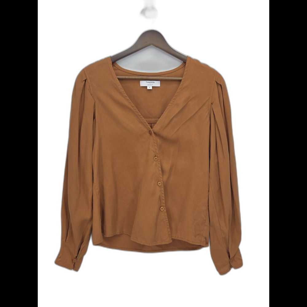 Thakoon Collective Womens V Neck Asymmetrical Button Shirt Terracotta Size 2